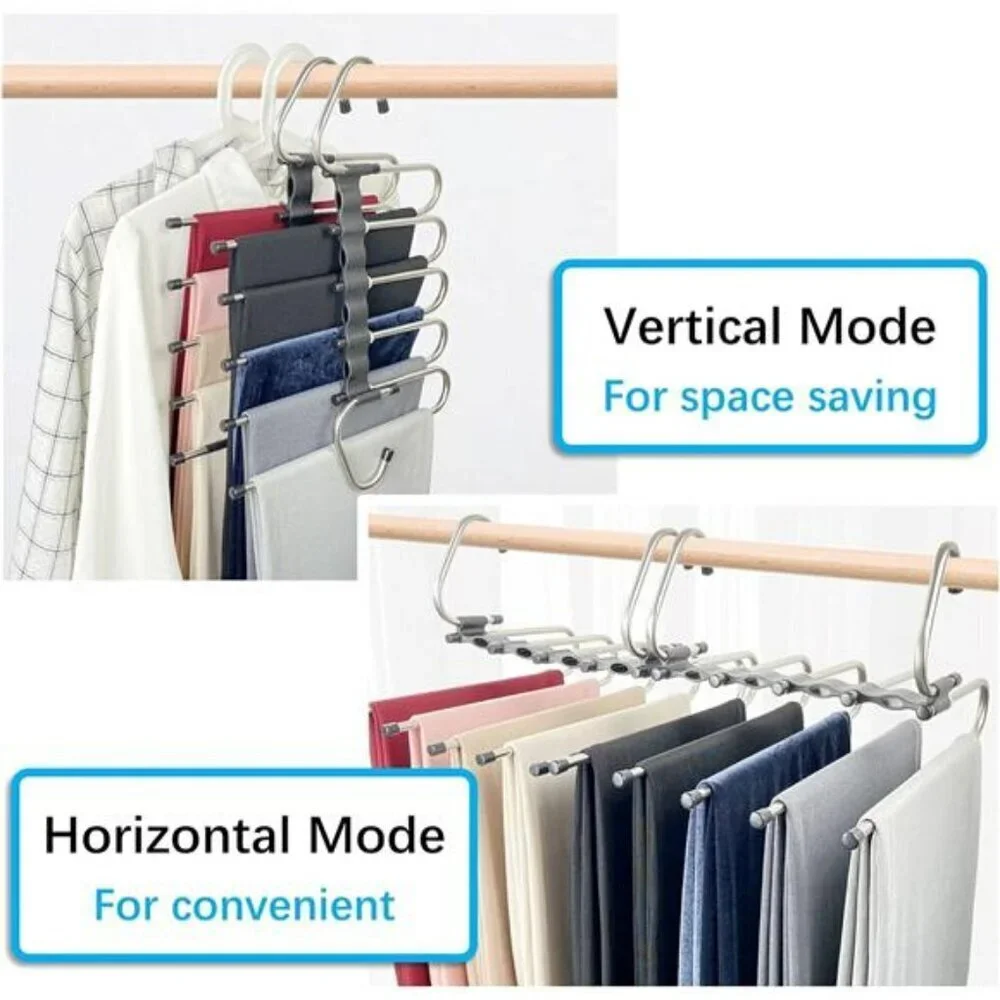 Space Saving Pants Hangers 2 Pack 5 Tier Closet Organizer with 10 Clips for Trou